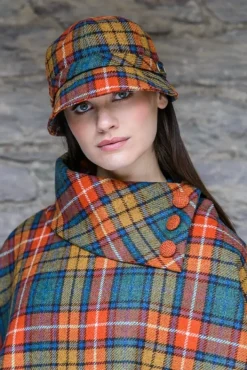 Aran Wool Hats|Ladies Hats*Sweater Shop Ladies Irish Flapper Cap Orange Check Col: 60