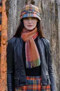 Aran Wool Hats|Ladies Hats*Sweater Shop Ladies Irish Flapper Cap Orange Check Col: 60