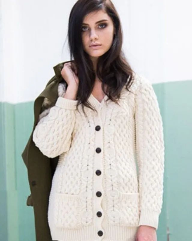Womens Irish Knitwear*Sweater Shop Ladies Long Aran boyfriend cardigan