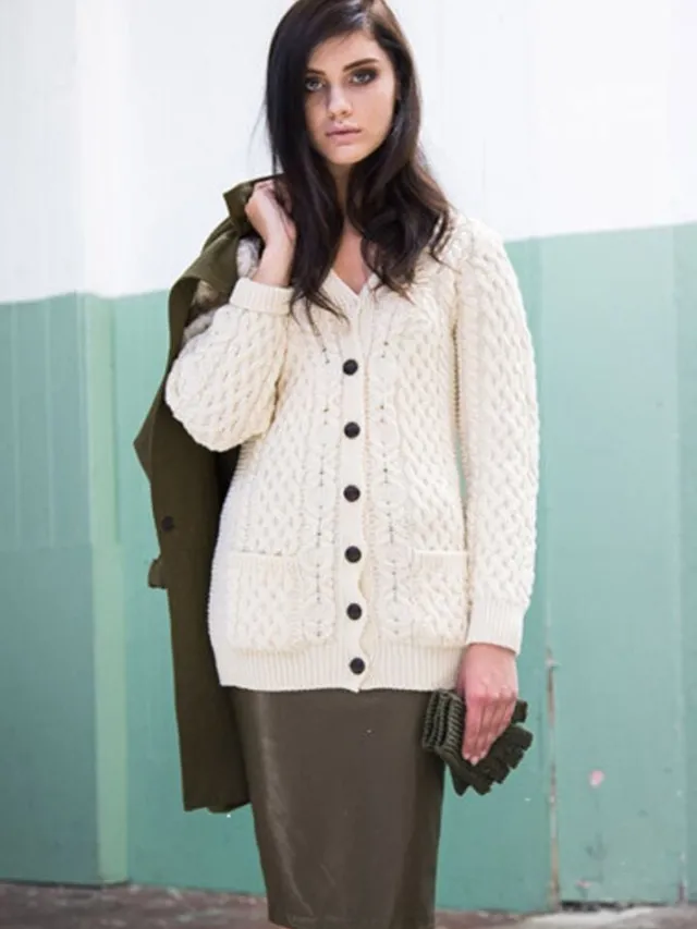 Womens Irish Knitwear*Sweater Shop Ladies Long Aran boyfriend cardigan