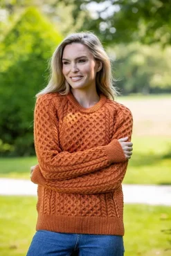 Womens Irish Knitwear|Womens Aran Fisherman Sweaters*Sweater Shop Ladies Merino Wool Aran Sweater - Orange
