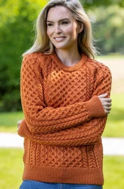 Womens Irish Knitwear|Womens Aran Fisherman Sweaters*Sweater Shop Ladies Merino Wool Aran Sweater - Orange