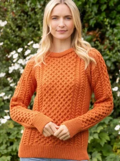 Womens Irish Knitwear|Womens Aran Fisherman Sweaters*Sweater Shop Ladies Merino Wool Aran Sweater - Orange