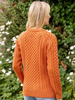 Womens Irish Knitwear|Womens Aran Fisherman Sweaters*Sweater Shop Ladies Merino Wool Aran Sweater - Orange