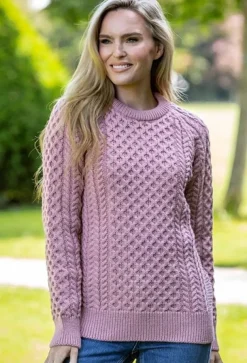 Womens Irish Knitwear|Womens Aran Fisherman Sweaters*Sweater Shop Ladies Merino Wool Fitted Aran Sweater Pink