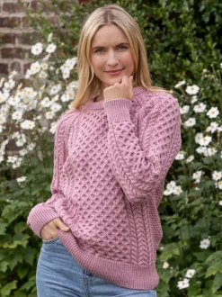 Womens Irish Knitwear|Womens Aran Fisherman Sweaters*Sweater Shop Ladies Merino Wool Fitted Aran Sweater Pink