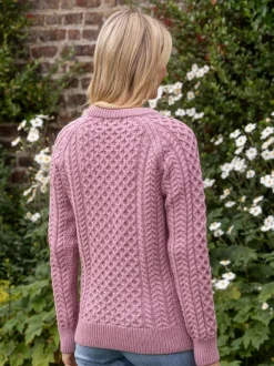 Womens Irish Knitwear|Womens Aran Fisherman Sweaters*Sweater Shop Ladies Merino Wool Fitted Aran Sweater Pink