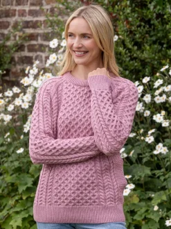 Womens Irish Knitwear|Womens Aran Fisherman Sweaters*Sweater Shop Ladies Merino Wool Fitted Aran Sweater Pink