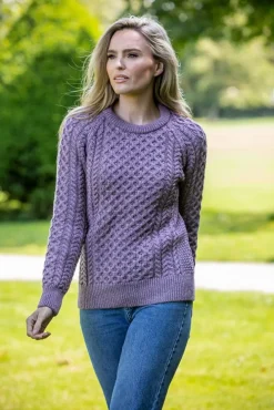 Womens Irish Knitwear*Sweater Shop Ladies Merino Wool Fitted Aran Sweater LAVENDER