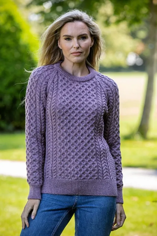 Womens Irish Knitwear*Sweater Shop Ladies Merino Wool Fitted Aran Sweater LAVENDER