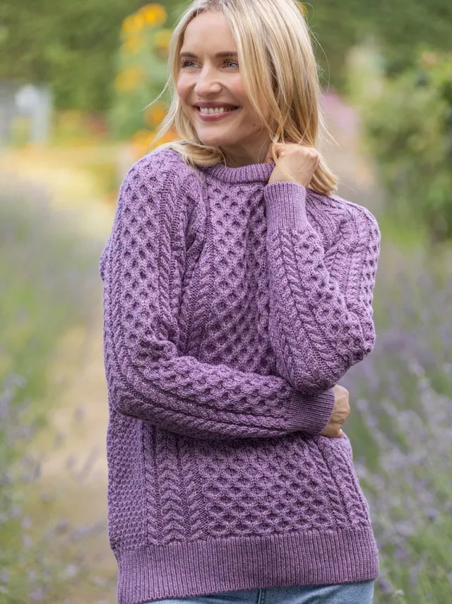 Womens Irish Knitwear*Sweater Shop Ladies Merino Wool Fitted Aran Sweater LAVENDER