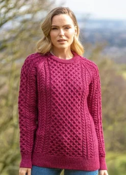 Womens Irish Knitwear|Womens Aran Fisherman Sweaters*Sweater Shop Ladies Merino Wool Fitted Aran Sweater Raspberry