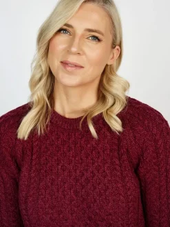 Womens Irish Knitwear|Womens Aran Fisherman Sweaters*Sweater Shop Ladies Merino Wool Fitted Aran Sweater Raspberry