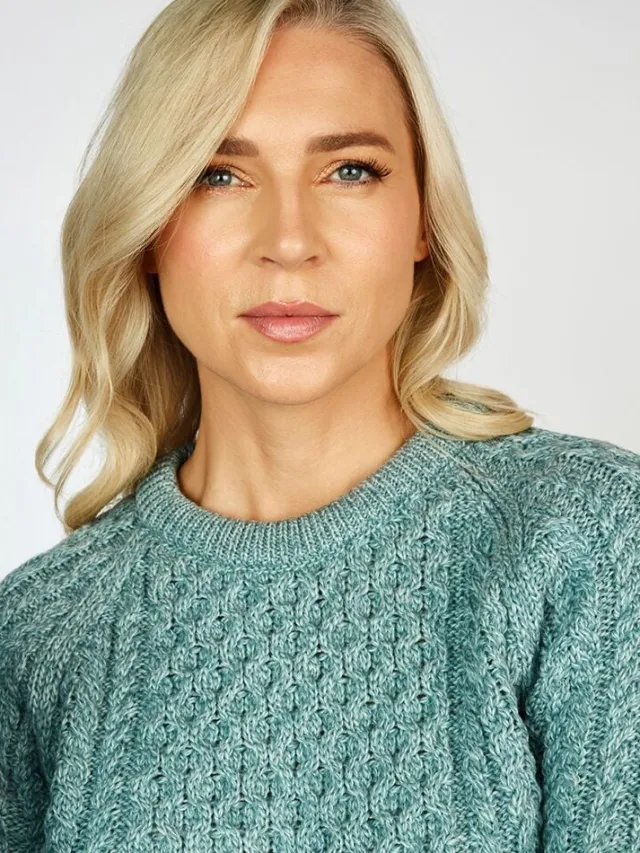 Womens Irish Knitwear|Womens Aran Fisherman Sweaters*Sweater Shop Ladies Merino Wool Fitted Aran Sweater Aqua