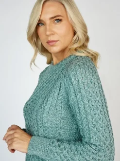 Womens Irish Knitwear|Womens Aran Fisherman Sweaters*Sweater Shop Ladies Merino Wool Fitted Aran Sweater Aqua