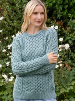 Womens Irish Knitwear|Womens Aran Fisherman Sweaters*Sweater Shop Ladies Merino Wool Fitted Aran Sweater Aqua