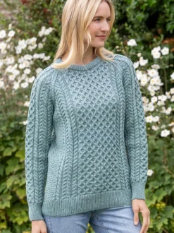 Womens Irish Knitwear|Womens Aran Fisherman Sweaters*Sweater Shop Ladies Merino Wool Fitted Aran Sweater Aqua