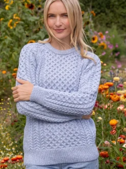 Womens Aran Fisherman Sweaters|Womens Irish Knitwear*Sweater Shop Ladies Merino Wool Fitted Aran Sweater Sky Blue