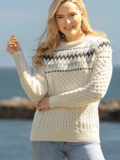 Womens Irish Knitwear|Womens Aran Fisherman Sweaters*Sweater Shop Ladies Merino Wool Fitted Fairisle Sweater Natural