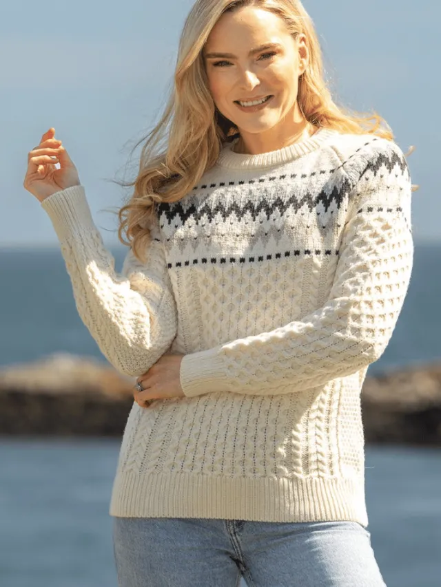 Womens Irish Knitwear|Womens Aran Fisherman Sweaters*Sweater Shop Ladies Merino Wool Fitted Fairisle Sweater Natural