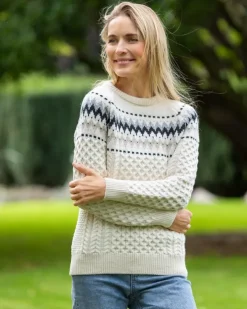 Womens Irish Knitwear|Womens Aran Fisherman Sweaters*Sweater Shop Ladies Merino Wool Fitted Fairisle Sweater Natural