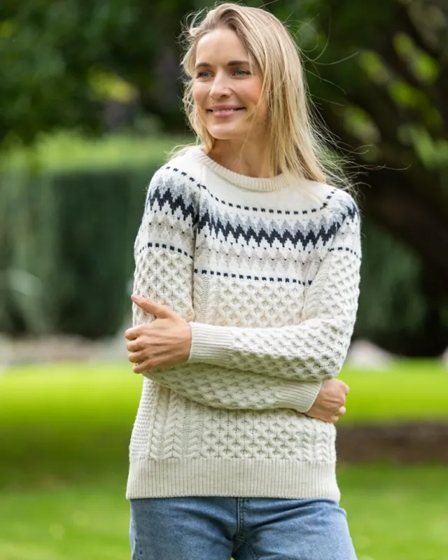 Womens Irish Knitwear|Womens Aran Fisherman Sweaters*Sweater Shop Ladies Merino Wool Fitted Fairisle Sweater Natural
