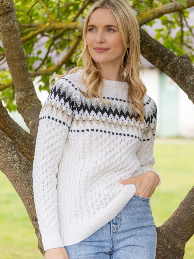 Womens Irish Knitwear|Womens Aran Fisherman Sweaters*Sweater Shop Ladies Merino Wool Fitted Fairisle Sweater Natural