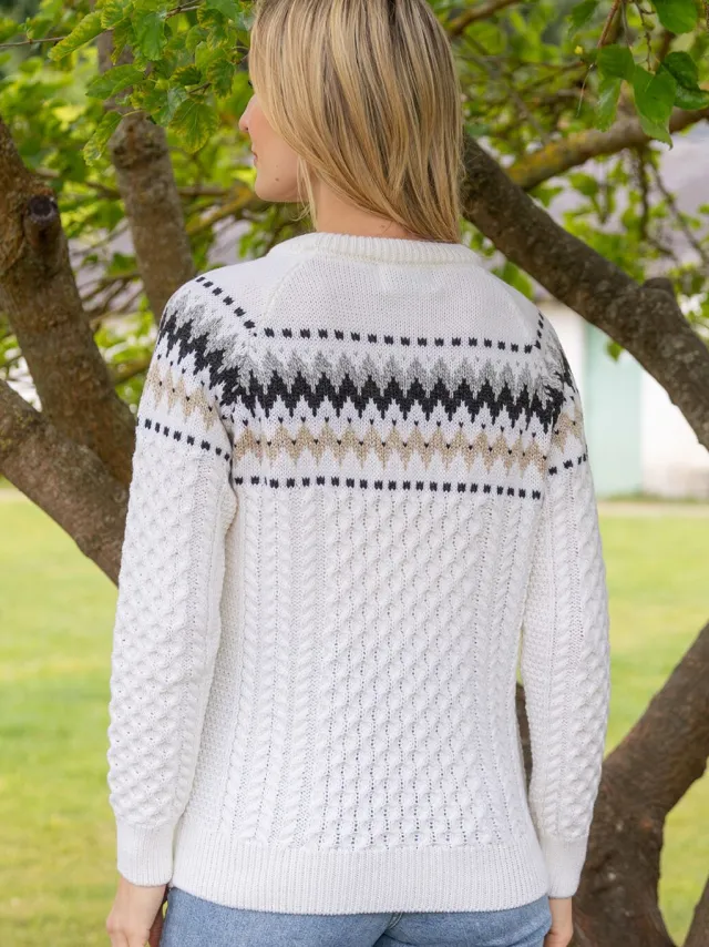 Womens Irish Knitwear|Womens Aran Fisherman Sweaters*Sweater Shop Ladies Merino Wool Fitted Fairisle Sweater Natural
