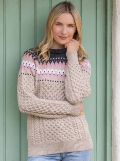 Womens Irish Knitwear|Womens Aran Fisherman Sweaters*Sweater Shop Ladies Merino Wool Fitted Fairisle Sweater Oatmeal