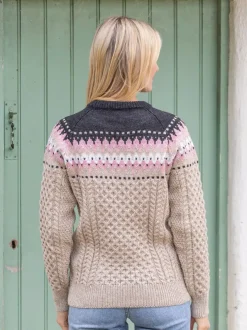Womens Irish Knitwear|Womens Aran Fisherman Sweaters*Sweater Shop Ladies Merino Wool Fitted Fairisle Sweater Oatmeal