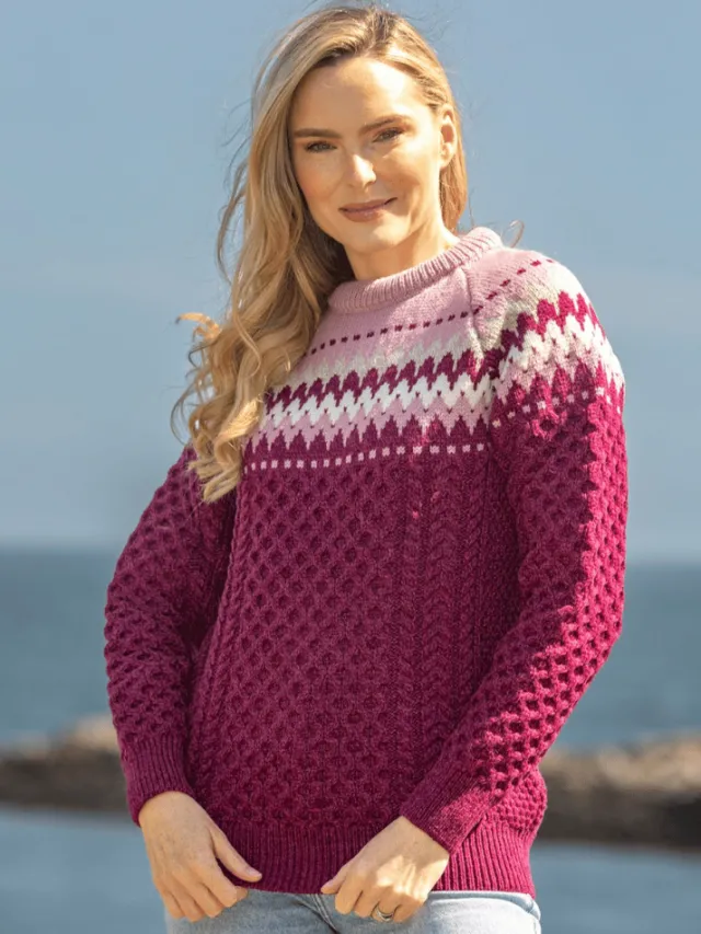 Womens Irish Knitwear|Womens Aran Fisherman Sweaters*Sweater Shop Ladies Merino Wool Fitted Fairisle Sweater Raspberry