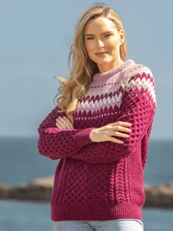 Womens Irish Knitwear|Womens Aran Fisherman Sweaters*Sweater Shop Ladies Merino Wool Fitted Fairisle Sweater Raspberry