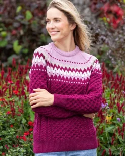 Womens Irish Knitwear|Womens Aran Fisherman Sweaters*Sweater Shop Ladies Merino Wool Fitted Fairisle Sweater Raspberry