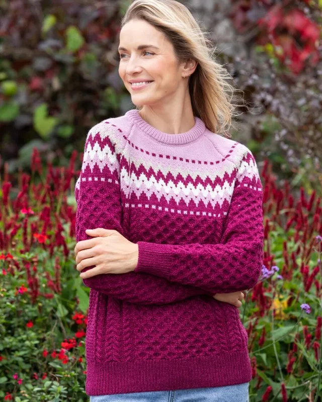 Womens Irish Knitwear|Womens Aran Fisherman Sweaters*Sweater Shop Ladies Merino Wool Fitted Fairisle Sweater Raspberry