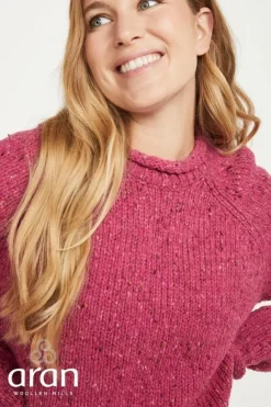 Womens Irish Knitwear|Womens Aran Fisherman Sweaters*Sweater Shop Ladies Roll Neck Raglan Crew Pink