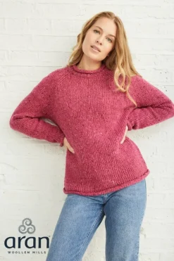 Womens Irish Knitwear|Womens Aran Fisherman Sweaters*Sweater Shop Ladies Roll Neck Raglan Crew Pink