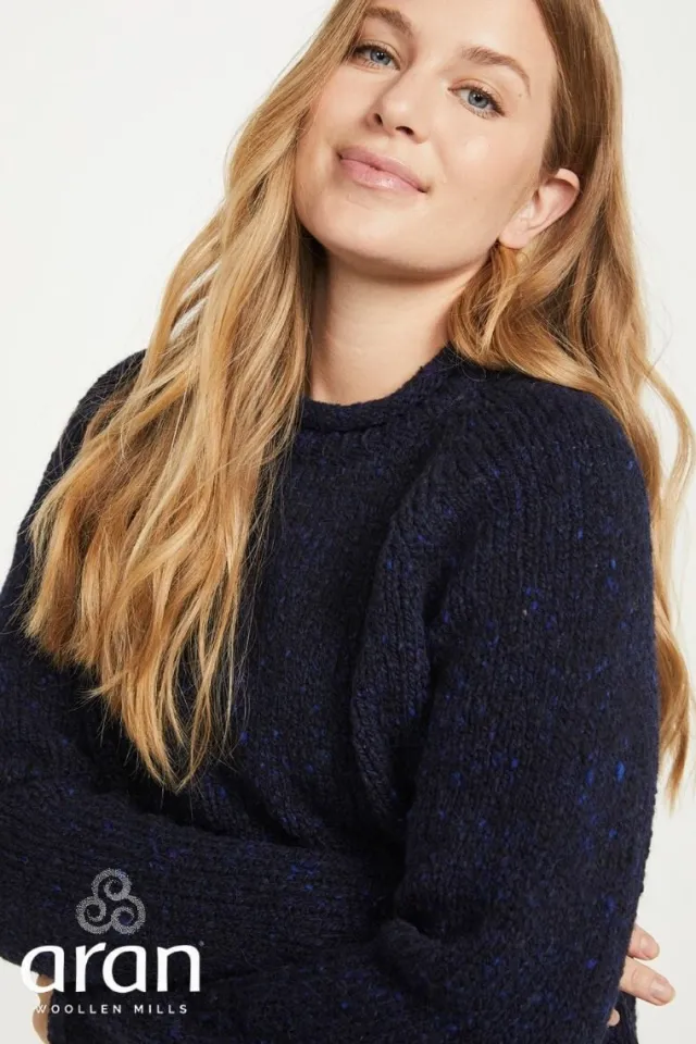 Womens Irish Knitwear|Womens Aran Fisherman Sweaters*Sweater Shop Ladies Roll Neck Raglan Crew Navy Fleck