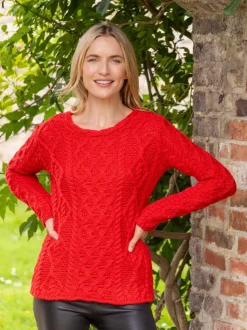 Womens Irish Knitwear|Womens Aran Fisherman Sweaters*Sweater Shop Lambay Lattice Cable Knit Aran Sweater Scarlet