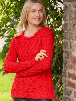 Womens Irish Knitwear|Womens Aran Fisherman Sweaters*Sweater Shop Lambay Lattice Cable Knit Aran Sweater Scarlet