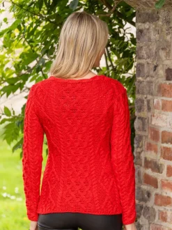 Womens Irish Knitwear|Womens Aran Fisherman Sweaters*Sweater Shop Lambay Lattice Cable Knit Aran Sweater Scarlet