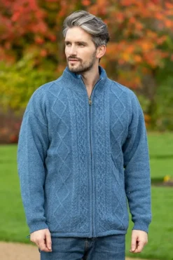 Mens Aran Cardigans|Mens Fisherman Sweaters*Sweater Shop Lined Shetland Jacket Blue
