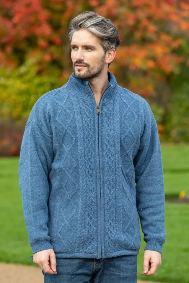 Mens Aran Cardigans|Mens Fisherman Sweaters*Sweater Shop Lined Shetland Jacket Blue