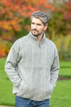 Mens Aran Cardigans|Mens Fisherman Sweaters*Sweater Shop Lined Shetland Jacket Light Grey