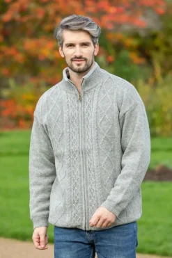 Mens Aran Cardigans|Mens Fisherman Sweaters*Sweater Shop Lined Shetland Jacket Light Grey
