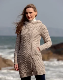 Womens Irish Knitwear|Ladies Cardigans*Sweater Shop Long Heart Design Coat - Oatmeal