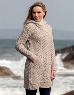 Womens Irish Knitwear|Ladies Cardigans*Sweater Shop Long Heart Design Coat - Oatmeal