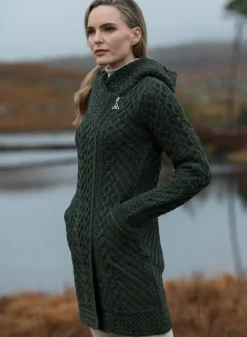 Womens Irish Knitwear|Ladies Cardigans*Sweater Shop Long Heart Design Hooded Coat - Army Green