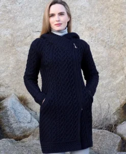 Womens Irish Knitwear|Ladies Cardigans*Sweater Shop Long Heart Design Hooded Coat - Navy