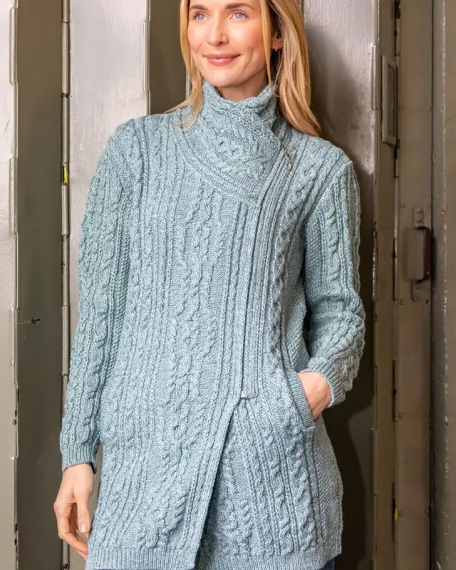 Womens Aran & Tweed Coats|Womens Irish Knitwear*Sweater Shop Long Side Zip Biker Jacket - 100% Merino Wool Aqua