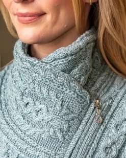 Womens Aran & Tweed Coats|Womens Irish Knitwear*Sweater Shop Long Side Zip Biker Jacket - 100% Merino Wool Aqua